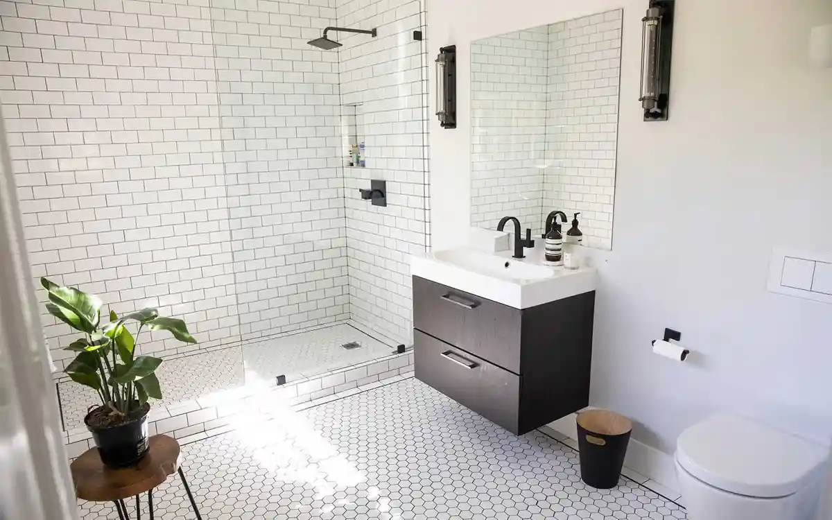 Tiled bathroom set out to verified fixture dimensions, showing the bathroom layout clearances people actually use Tiled bathroom set out to verified fixture dimensions, showing the bathroom layout clearances people actually use